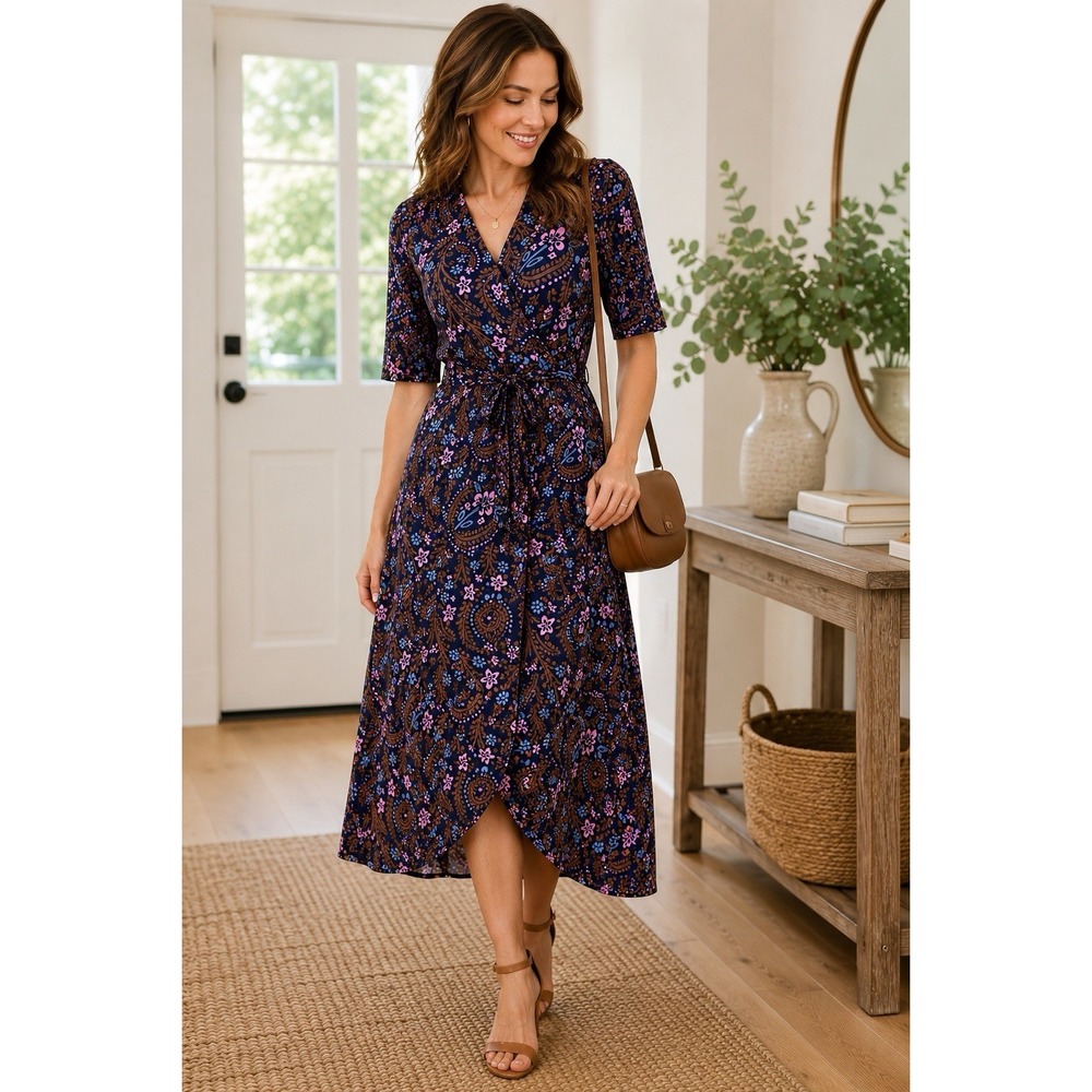 Boden Wrap Midi Dress 8R Shawl Collar Retro Paisley Floral Surplice Jersey